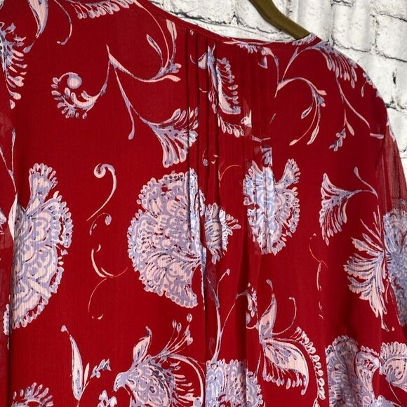 Tommy Hilfiger Pintuck Floral 3/4 Sleeve Chiffon Split Neck Blouse Red 1X - Picture 10 of 13